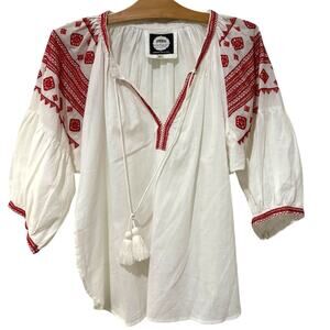 Alamwar | Top Short Sleeve Embroidered Red White Boho Peasant Festival- Size XL